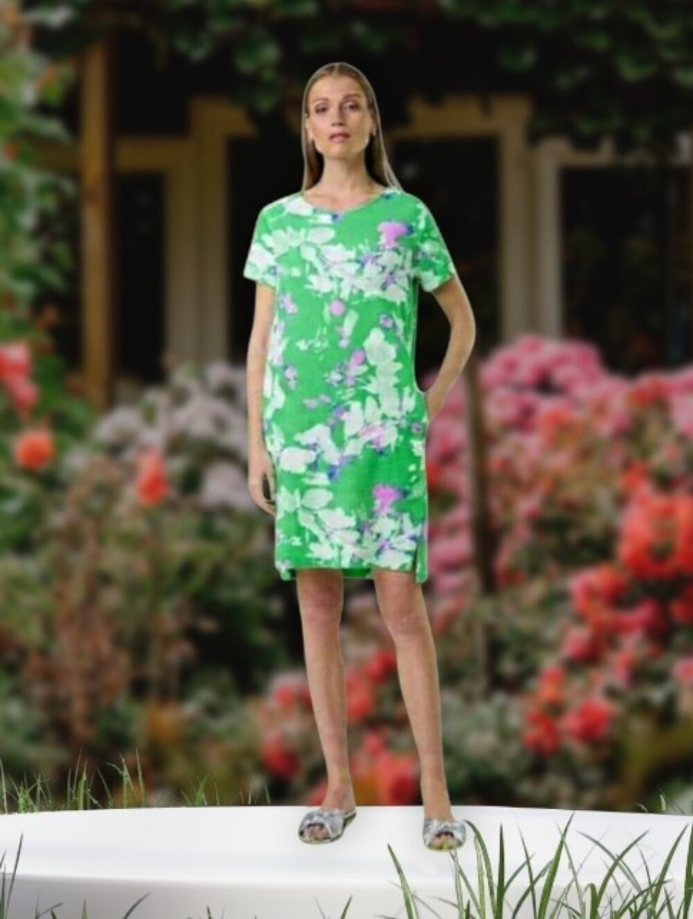 US8🍀Taifun Vibrant Green Floral Midi Dress Linen Blend